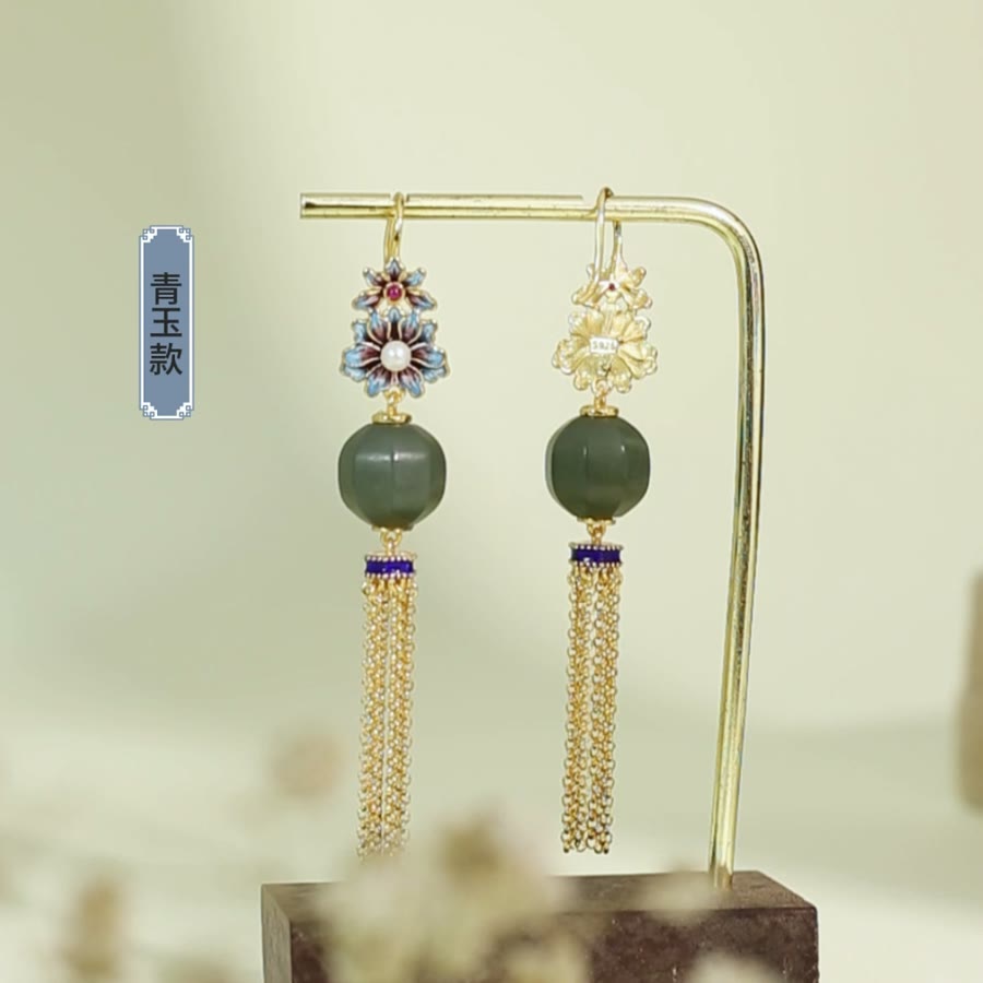 Enamel flower tassel earrings