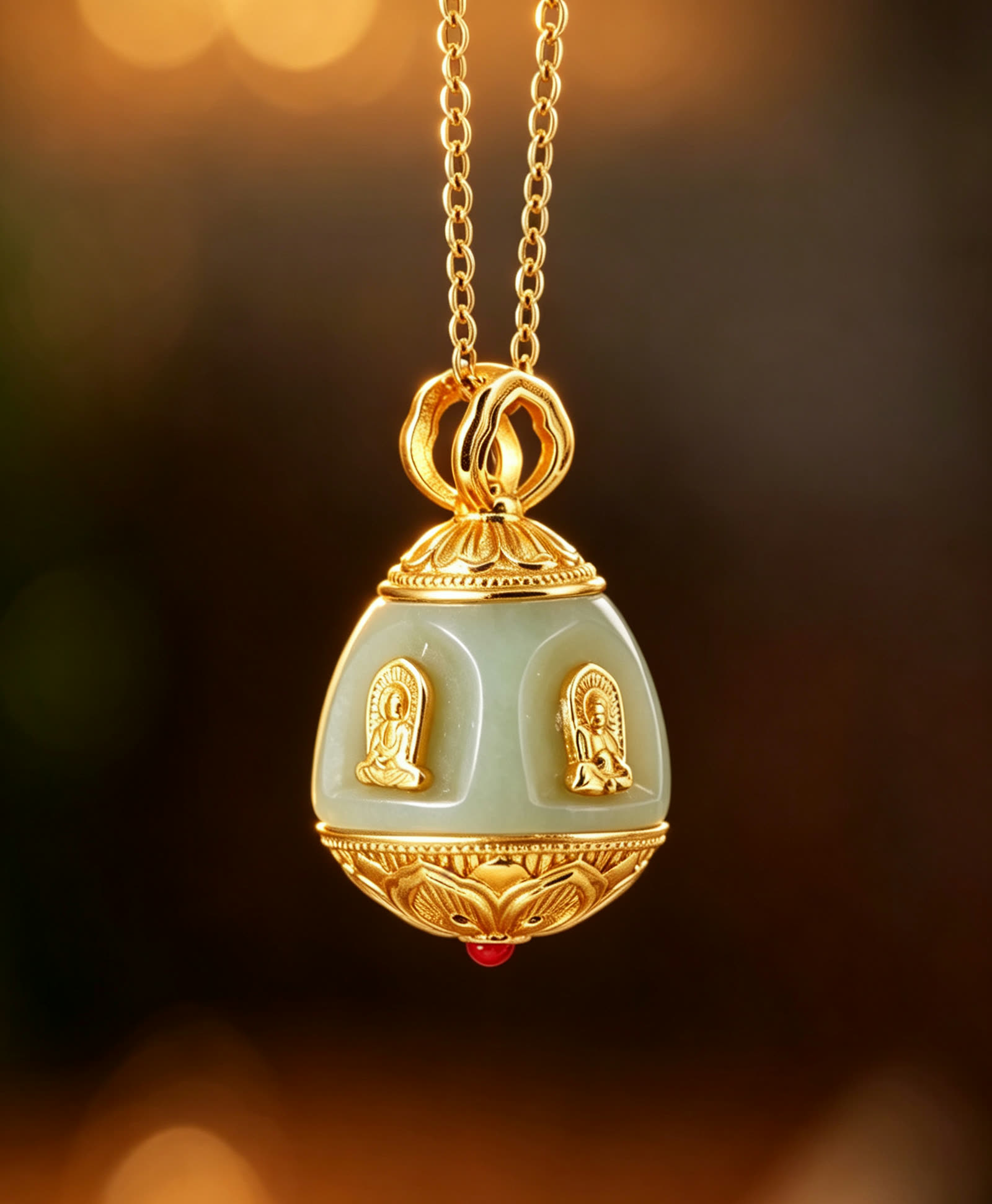 Jade drum pendant with golden niches