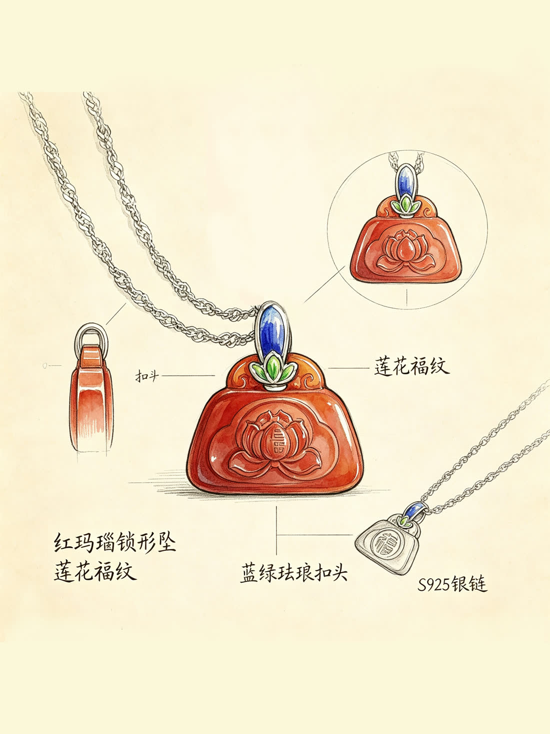 Design sketch of the red agate lotus lock pendant